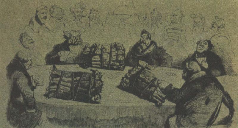 denna grova satir av gustave dore visar hur ryska godsagare spelar med de livegna bonderna som insats, unknow artist